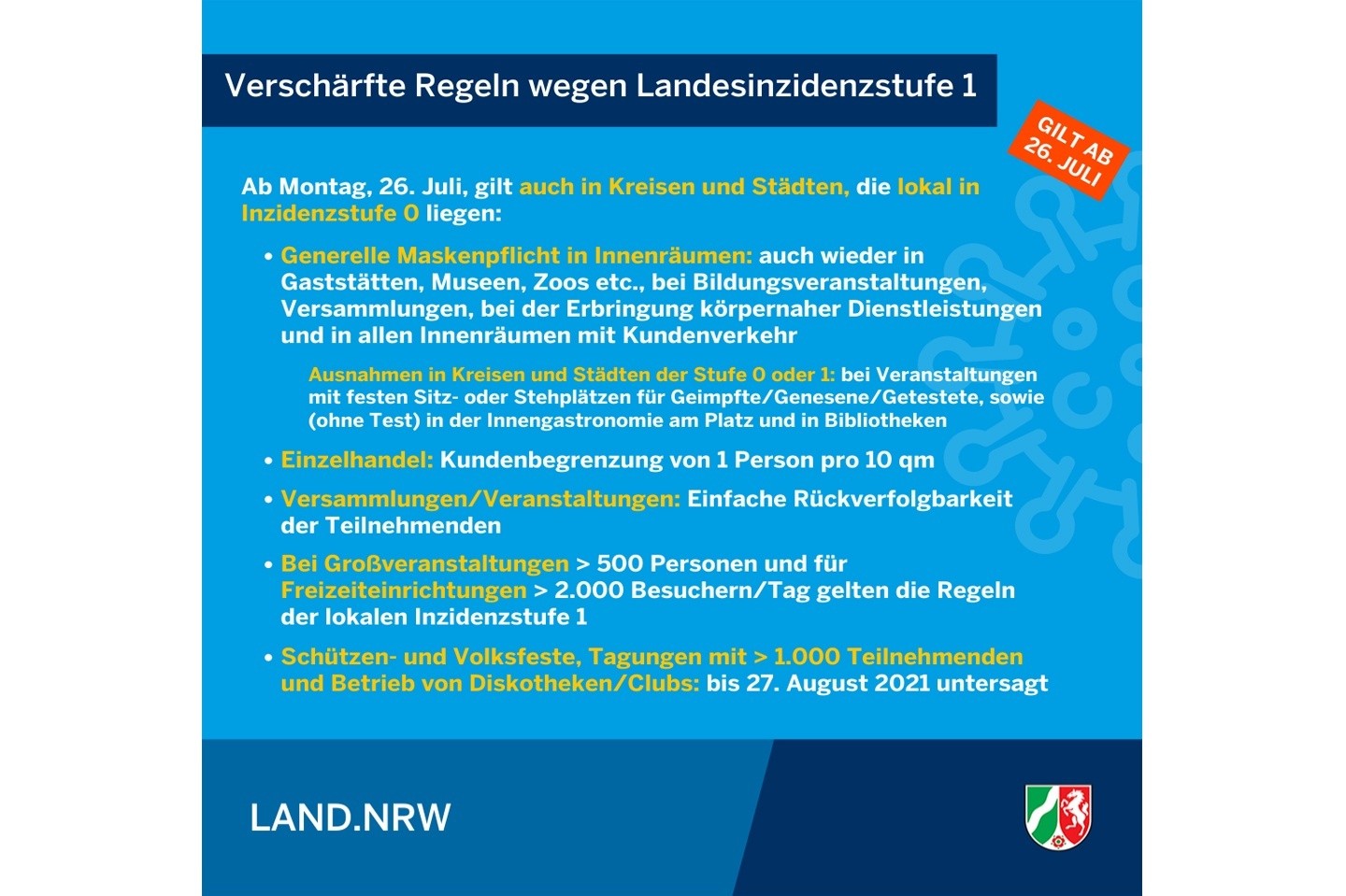 Ab Montag (26. Juli) gilt in Nordrhein-Westfalen wieder die Landesinzidenzstufe 1
