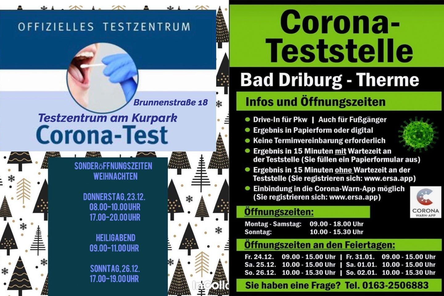 Öffnungszeiten der Corona Testzentren in Bad Driburg zu den Feiertagen