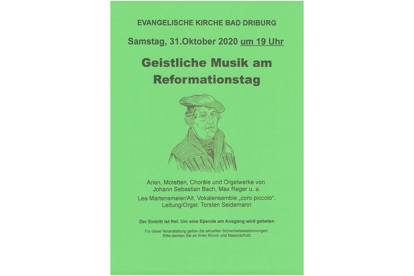 EVANGELISCHE KIRCHE BAD DRIBURG - Geistliche Musik am Reformationstag Plakat Termin Zeichnung Reformator Martin Luther
