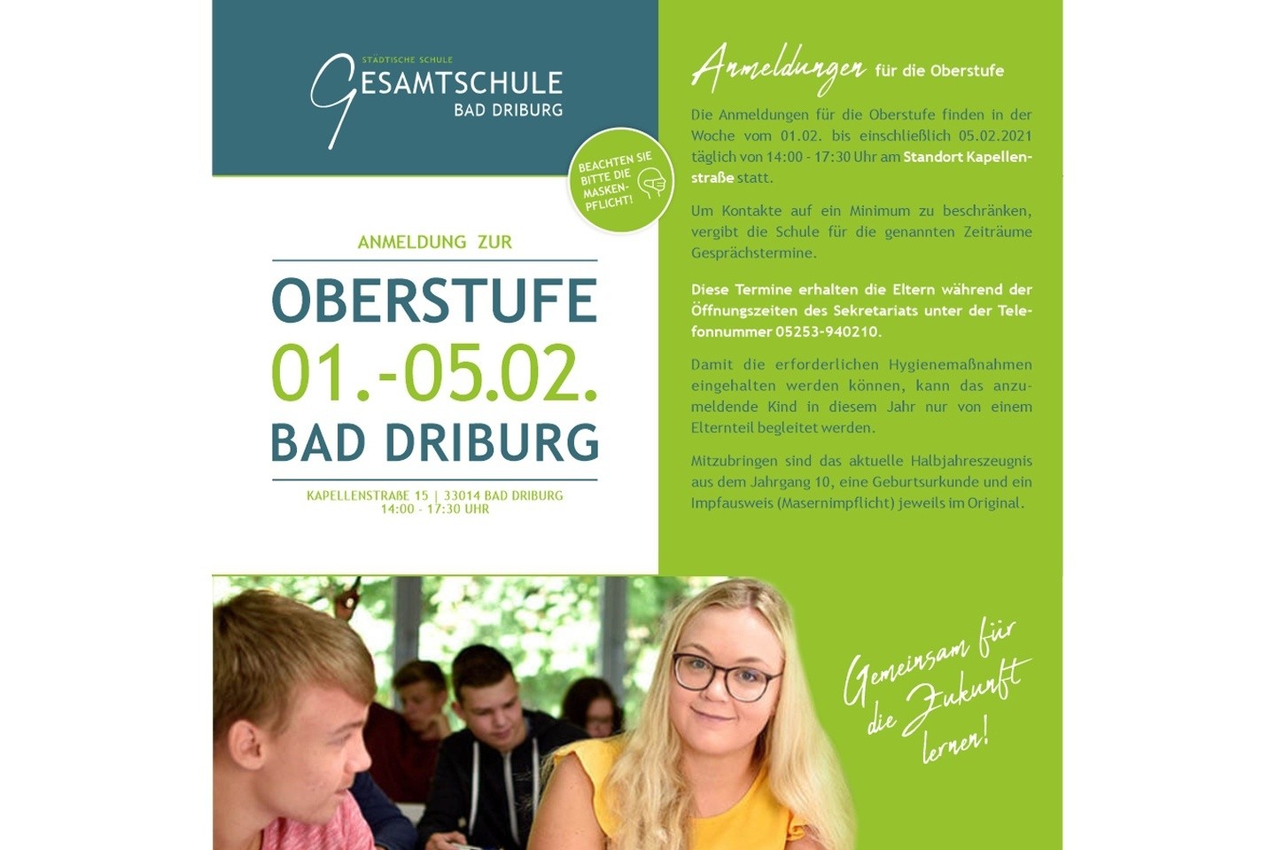 Anmeldung für die Oberstufe der Gesamtschule Bad Driburg am 01.-05.02.2021