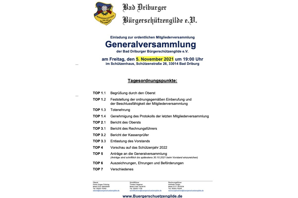 Generalversammlung der Bürgerschützengilde Bad Driburg am 05.11.2021