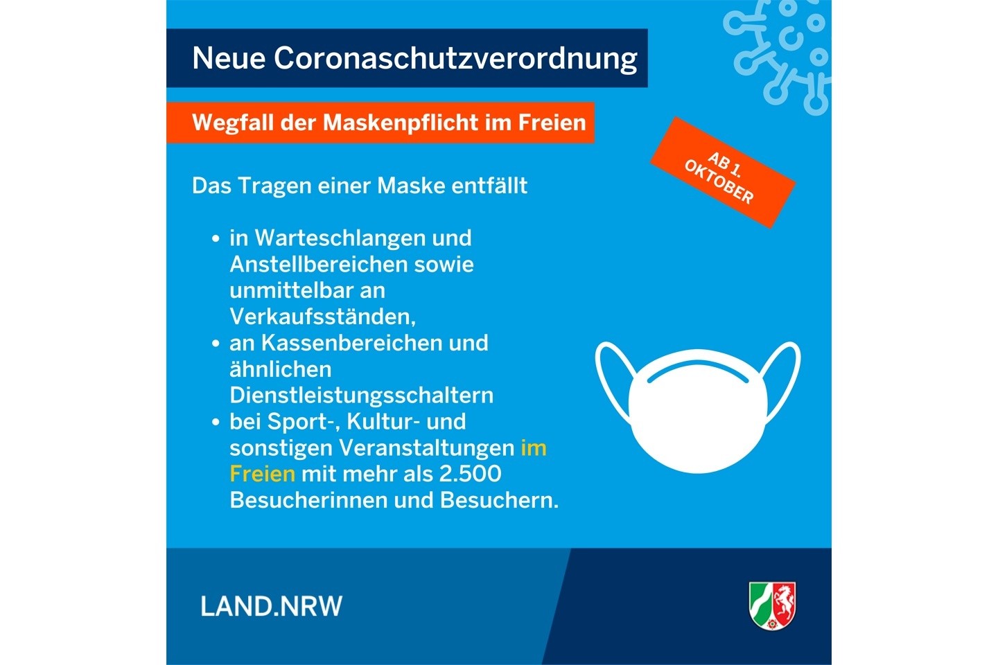 Ab 01.10. neue Coronaschutzverordnung in NRW