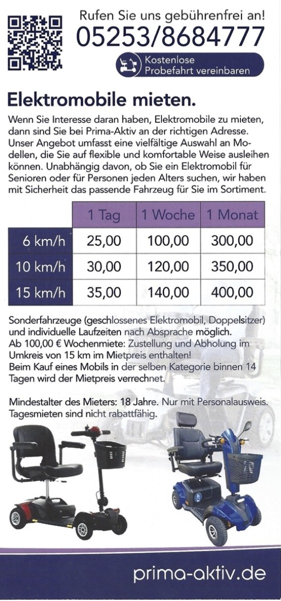 Neu in Bad Driburg: Führerscheinfreie Elektromobile - Mietservice von Prima - Aktiv Rufen Sie gebührenfrei an unter 05253/8684777