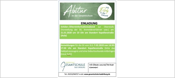 Einladung zum Informationsabend „Die gymnasiale Oberstufe an der Gesamtschule Bad Driburg“