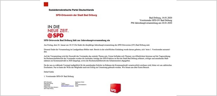 SPD Ortsverein Bad Driburg lädt zur Jahreshauptversammlung ein