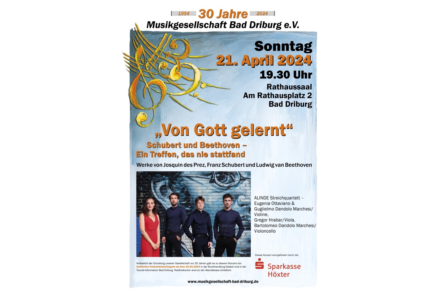 Am Sonntag, den 21.April 2024 ist um 19.30 Uhr im Bad Driburger Rathaussaal das Alinde Quartett zu Gast