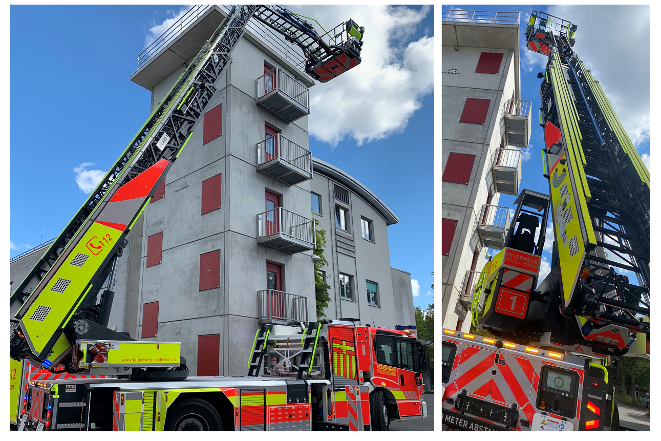 Die Rettungshöhe der neuen DLK23/12 beträgt 23 Meter, die maximale Arbeitshöhe 32 Meter. Der Rettungskorb hat eine Nutzlast von 500kg und bis zu 5 Personen haben darin Platz.  © Feuerwehr Paderborn