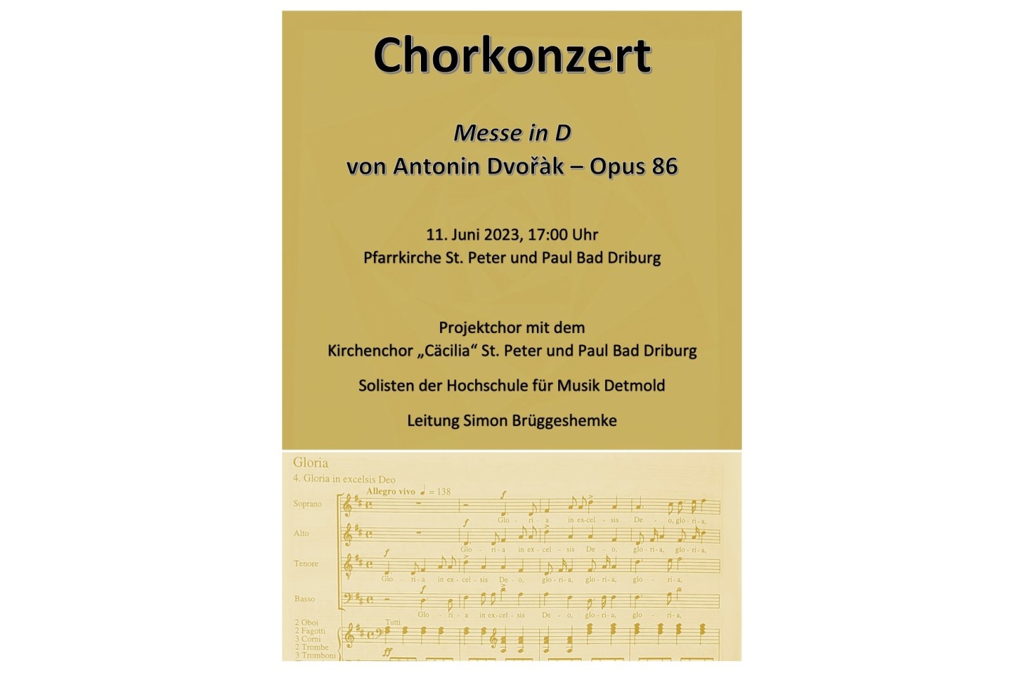 Konzert mit einem Projektchor um den Kirchenchor „Cäcilia“. Aufgeführt wird die Messe in D von Antonin Dvořák
