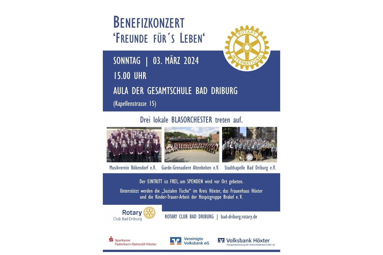 Der Rotary Club Bad Driburg veranstaltet am 03. März 2024, um 15 Uhr in der Aula der Gesamtschule in Bad Driburg ein Benefizkonzert