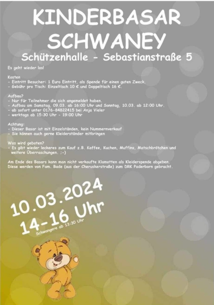 Kinderbasar Schwaney am 10.03.2024 von 14:00 Uhr - 16:00 Uhr in der Schützenhalle - Sebastianstraße 5