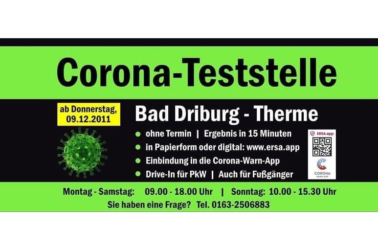 Corona - Teststelle in der Bad Driburg - Therme ab Donnerstag, den 09.12.2021