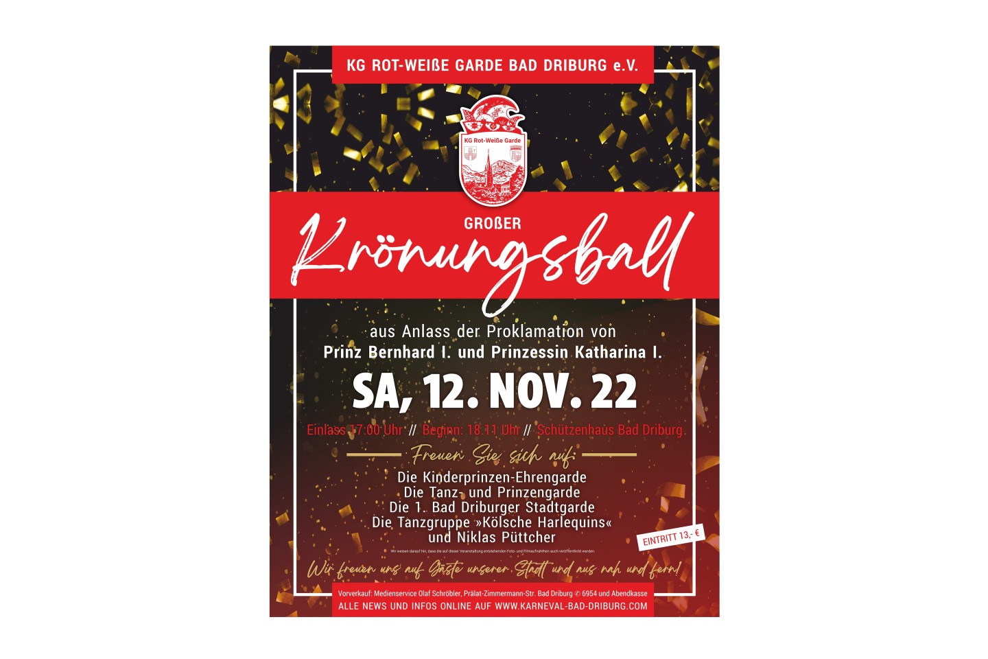 Großer Krönungsball am Samstag den 12.11.2022 ab 18.11 Uhr - Einlass ab 17.00 Uhr