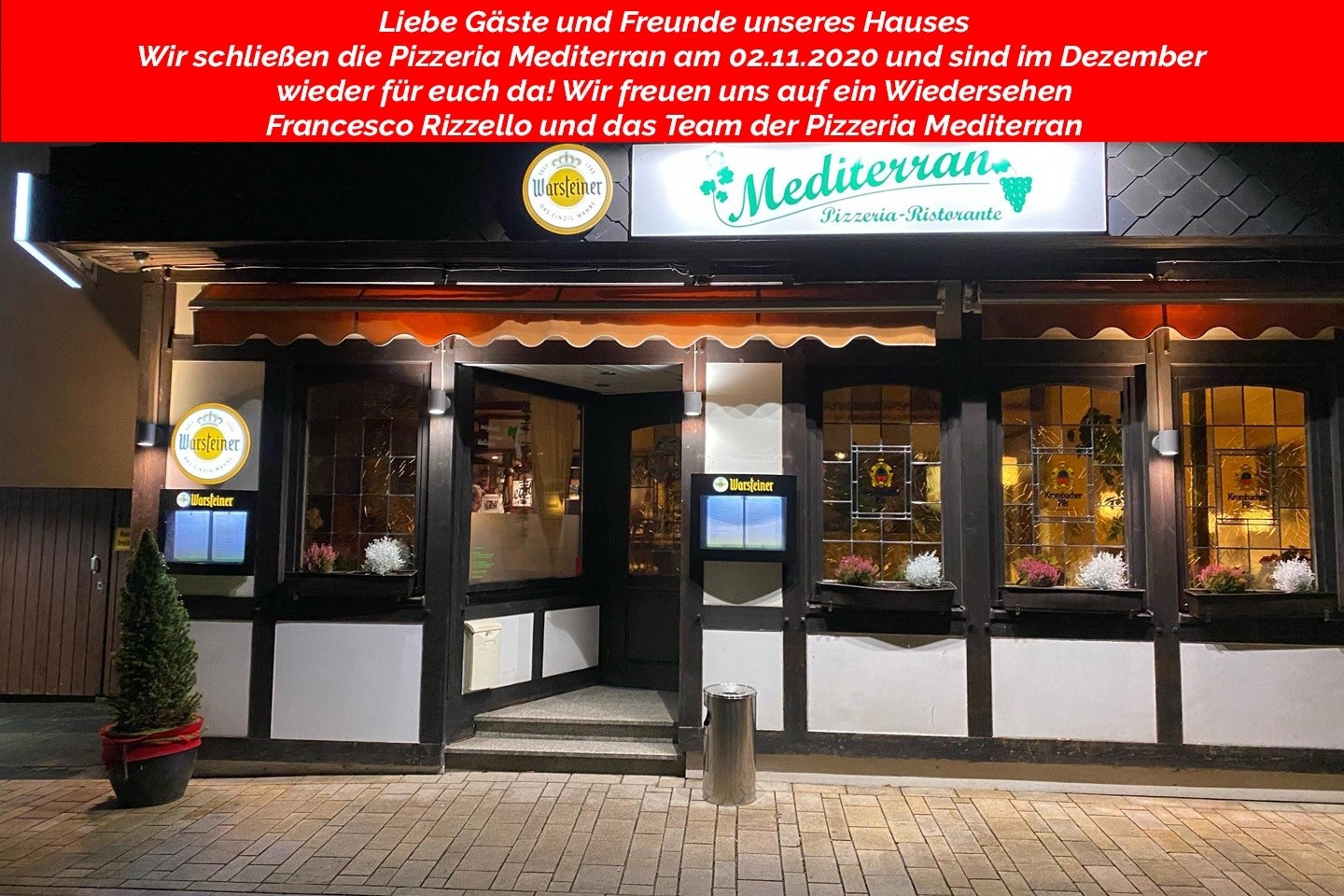 Vorübergehende Schließung der Pizzeria Mediterran bei Franco ab dem 02.11.2020
