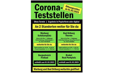 Corona-Teststellen in Borgentreich und Brakel schließen zum 01.03.2023